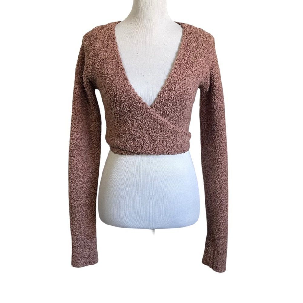 SKIMS Cozy Boucle Knit Long Sleeve Wrap Top Sz S/M Rose Clay Cropped Fuzzy
